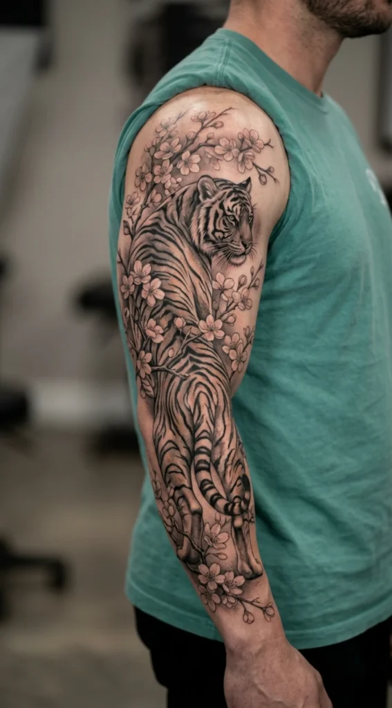 Full Sleeve Tiger and Cherry Blossoms