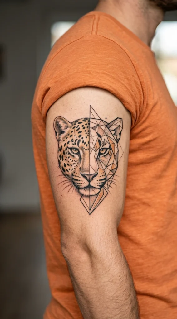 Geometric Leopard Head Arm Tattoo