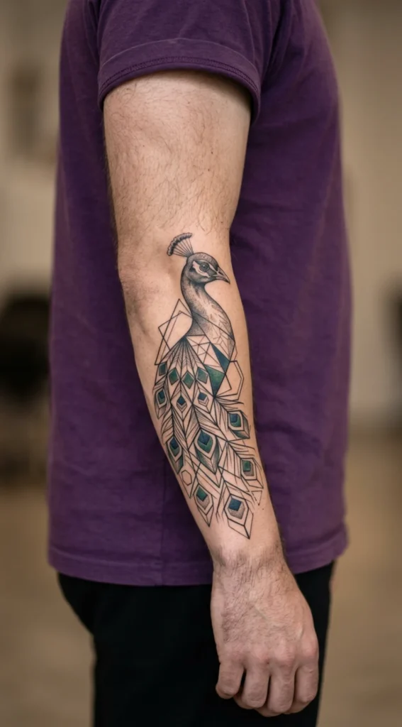 Geometric Peacock Forearm Tattoo