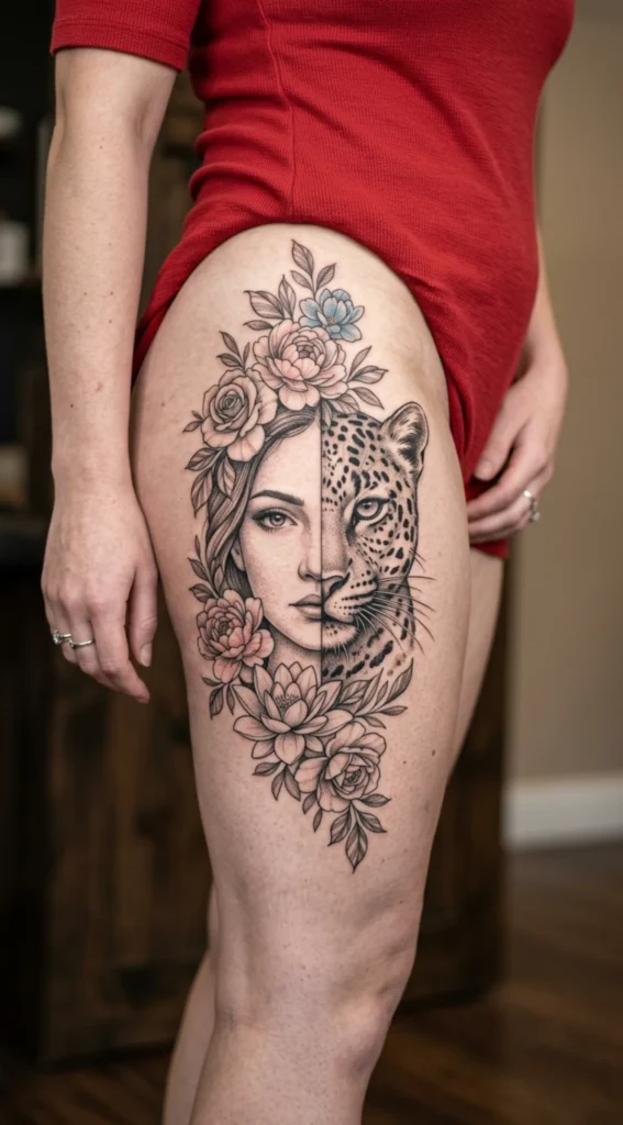Half Leopard Half Woman Floral Portrait