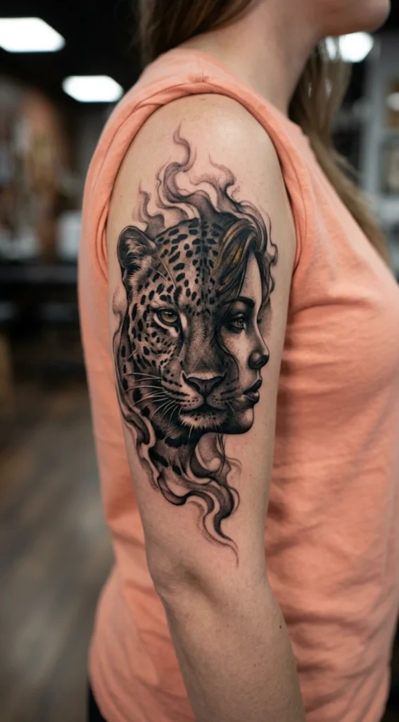 Half Leopard Half Woman in Smoke