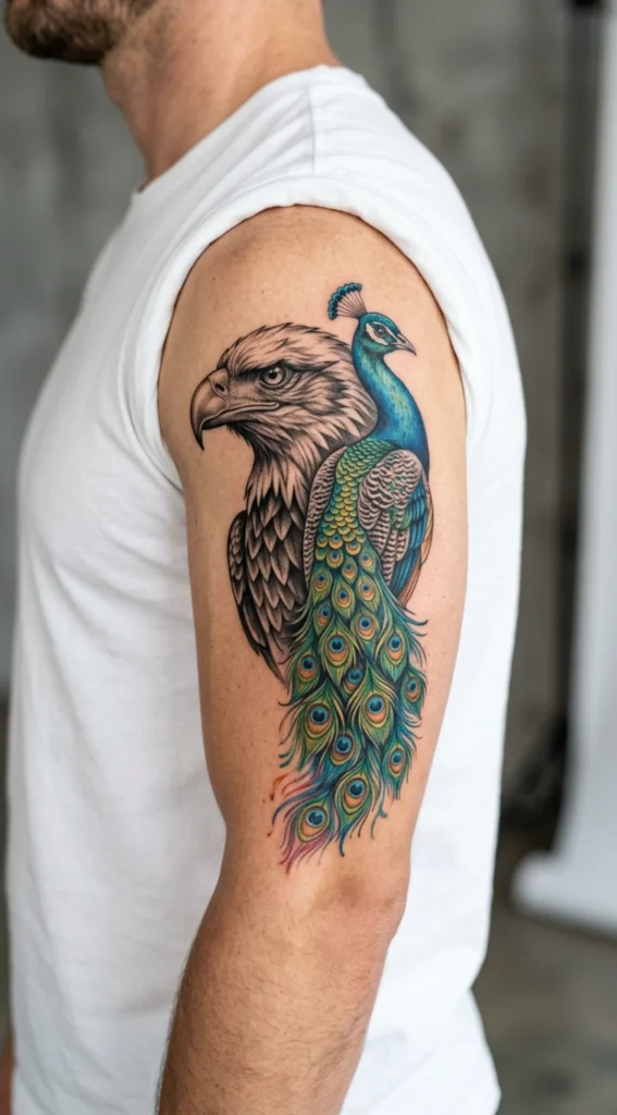 Half Peacock Half Eagle Fusion Tattoo