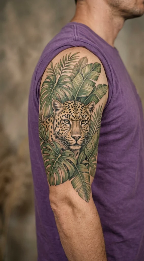 Half Sleeve Leopard and Jungle Leaves