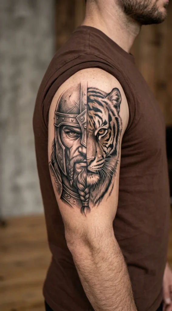 Half Tiger Half Warrior Face Design