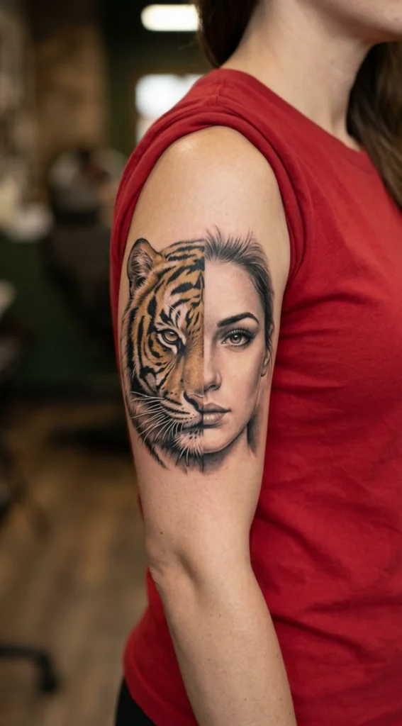 Half Tiger Half Woman Split Face Realism Portrait