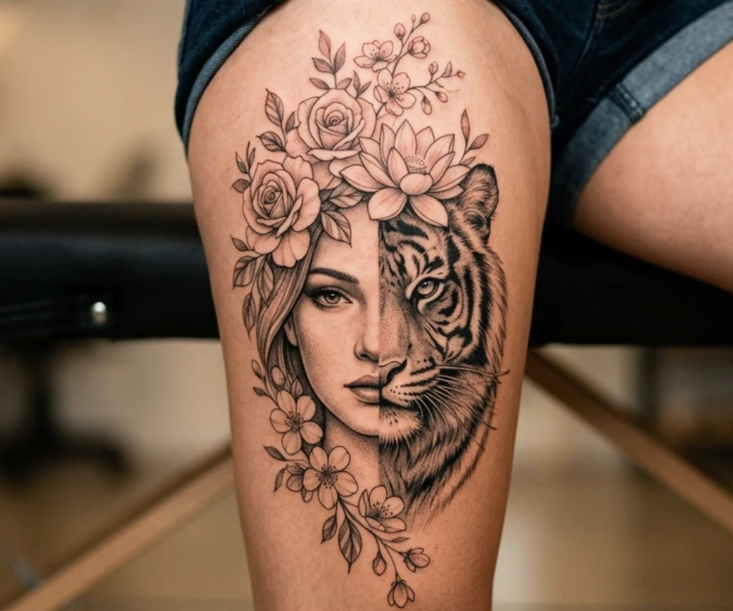 Half Tiger Half Woman Tattoo Ideas