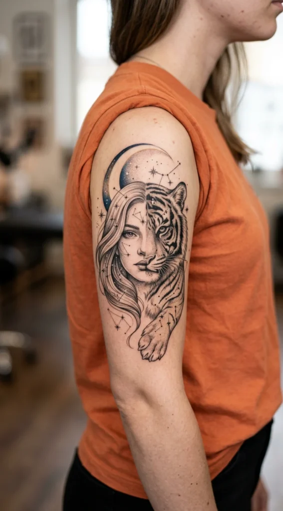 Half Tiger Half Woman with Celestial Moon and Stars