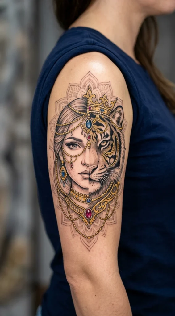 Half Tiger Half Woman with Ornamental Jewelry and Chains