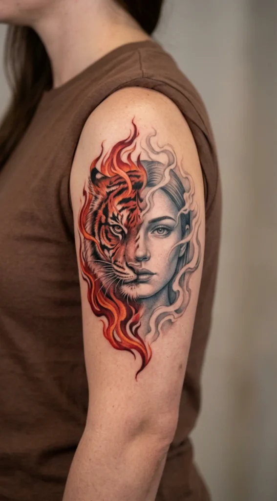 Half Tiger Half Woman with Smoke and Fire Fusion