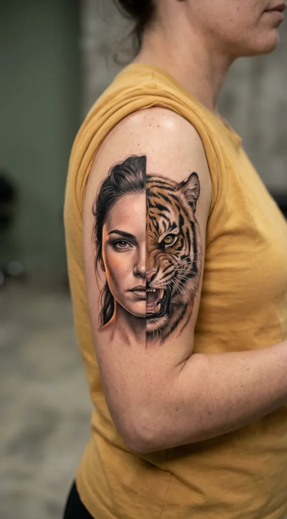 Half Woman Half Tiger Split Face Design
