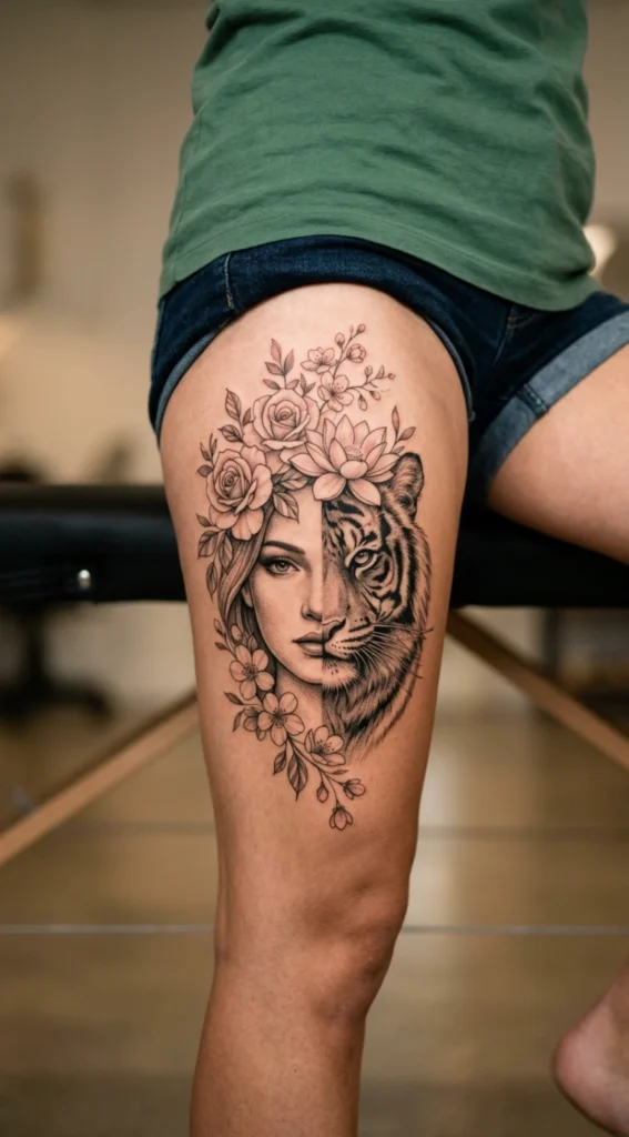 Half Woman Half Tiger with Floral Crown Fusion Design