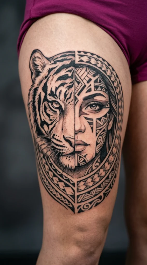 Half Woman Half Tiger with Tribal Face Paint Fusion