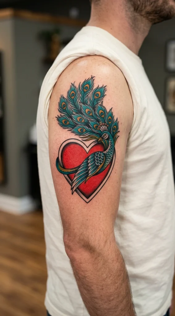Heart Peacock Traditional Tattoo