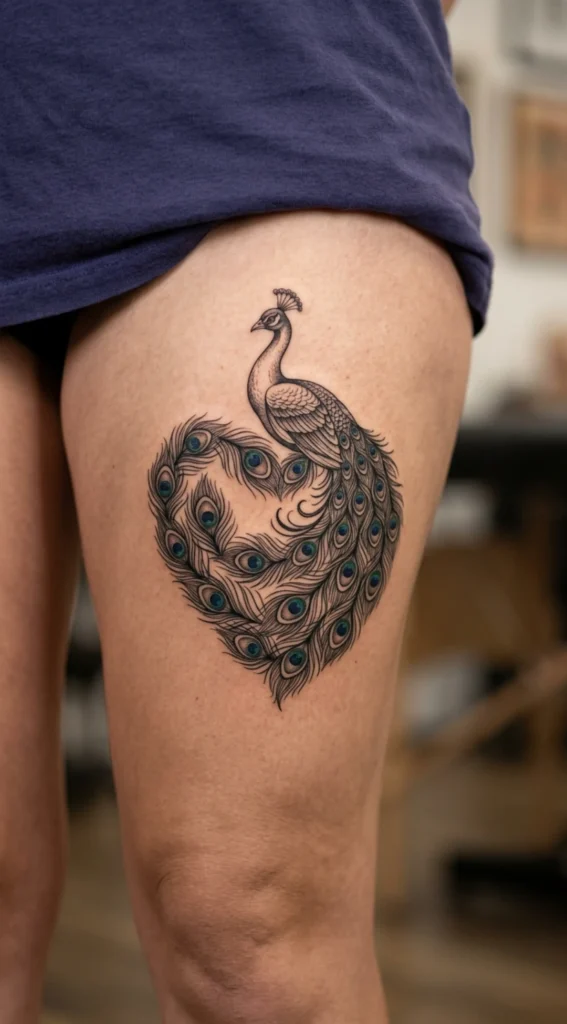 Heart Tail Peacock Thigh Tattoo