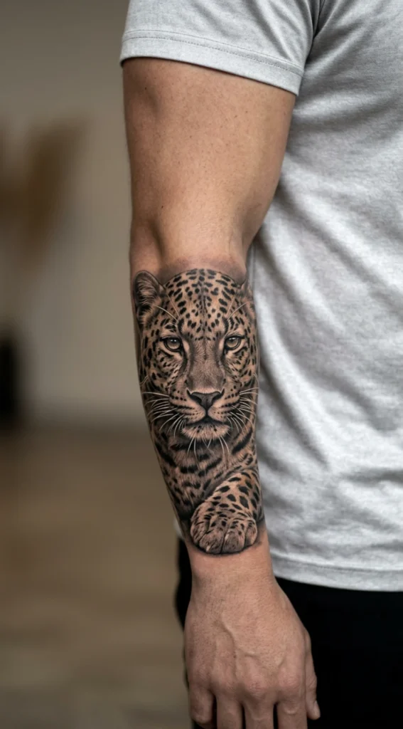 Hyper Detailed Leopard Portrait Forearm Tattoo