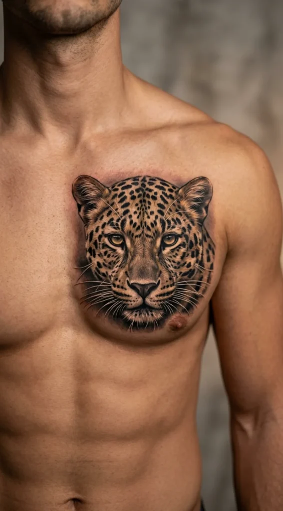  Hyper Realistic Leopard Face Chest Piece