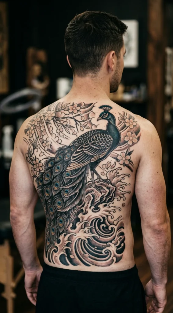 Japanese-Inspired Peacock and Waves Tattoo