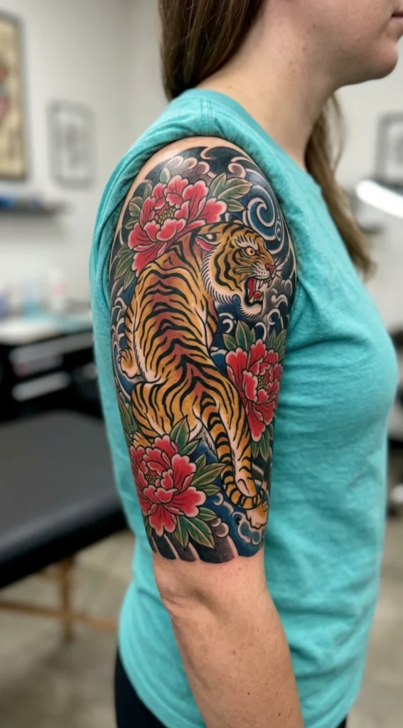 Japanese Tiger with Peony Composition