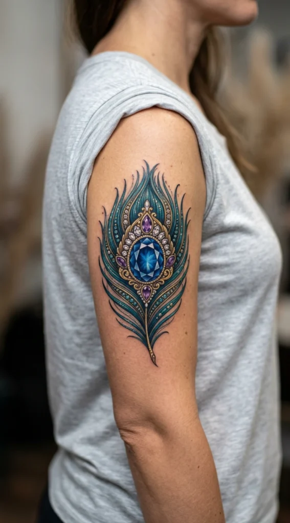 Jewel Inspired Peacock Feather Tattoo Artwork