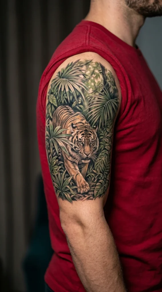 Jungle Tiger Stalking Through Foliage