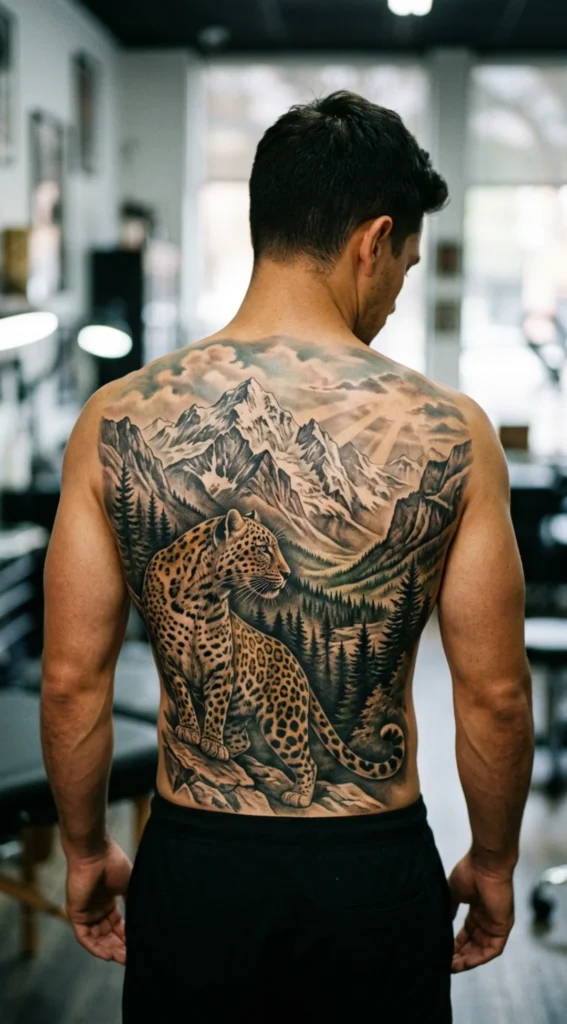 Leopard Back Piece with Mountain Landscape