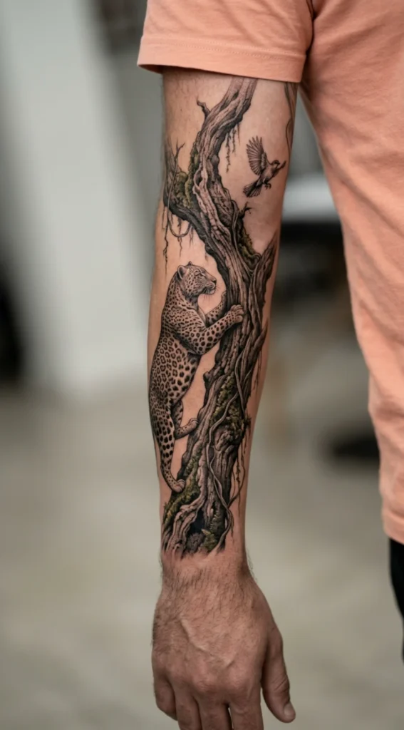 Leopard Climbing an Ancient Tree