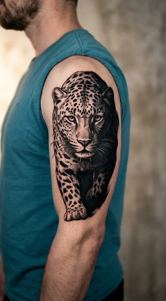 Leopard Emerging from Darkness Blackwork Tattoo