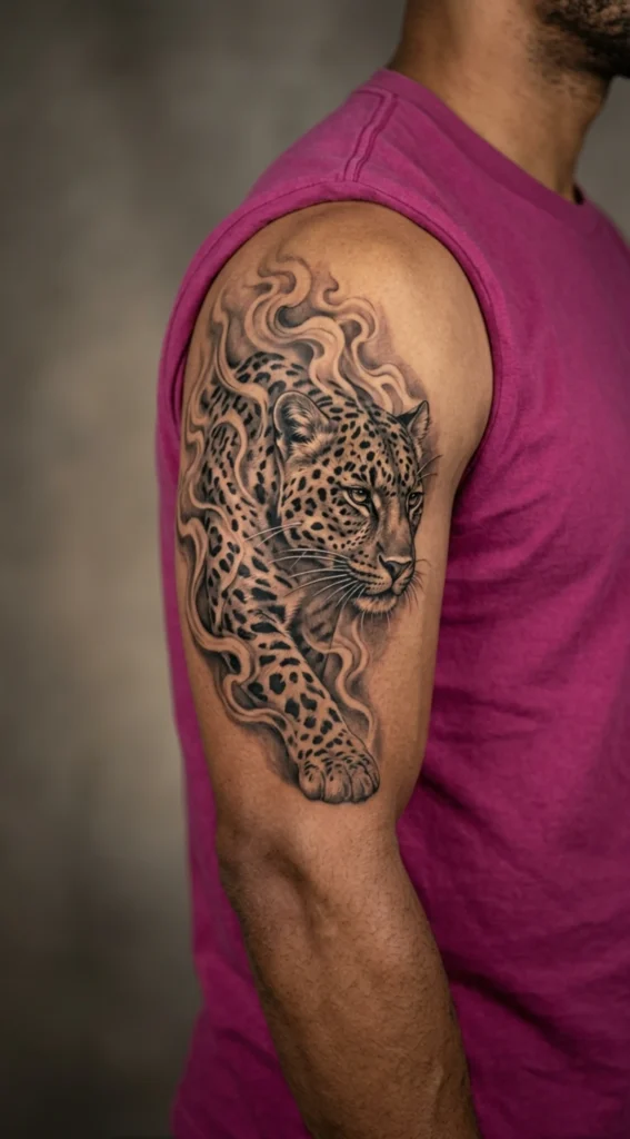 Leopard Emerging from Smoke Tattoo