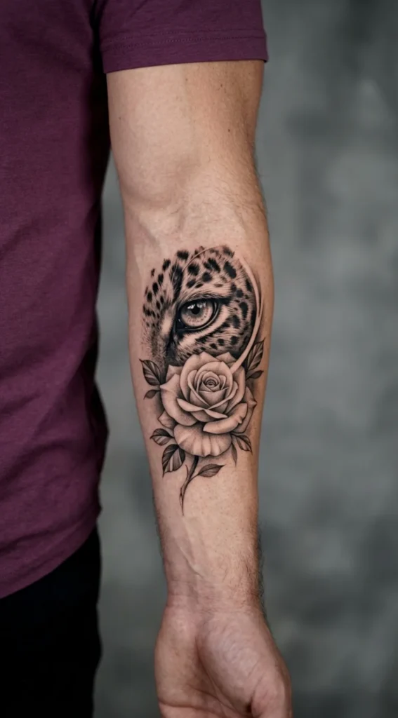 Leopard Eye and Rose Contrast Tattoo
