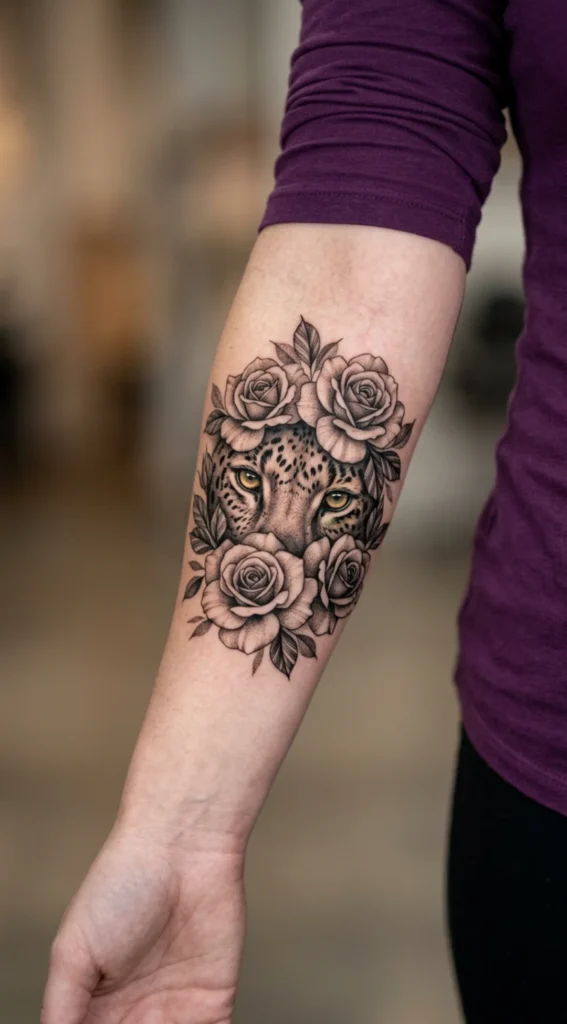 Leopard Eyes and Roses Tattoo