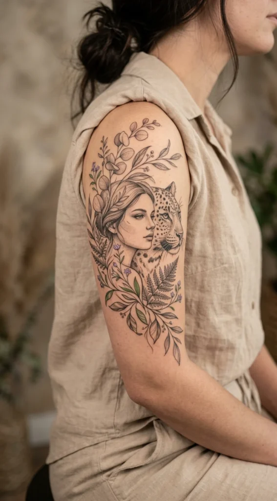 Leopard Feminine Spirit with Flowing Botanical Elements