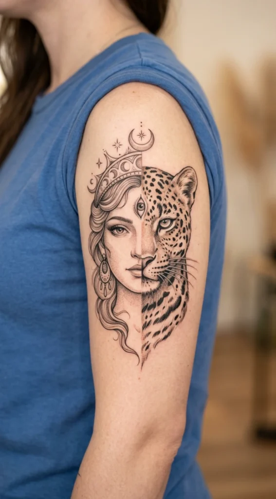 Leopard Goddess Split Face Design