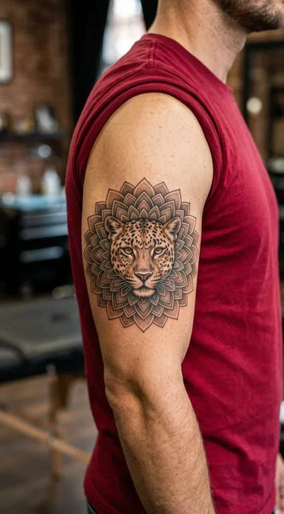 Leopard Head with Mandala Background