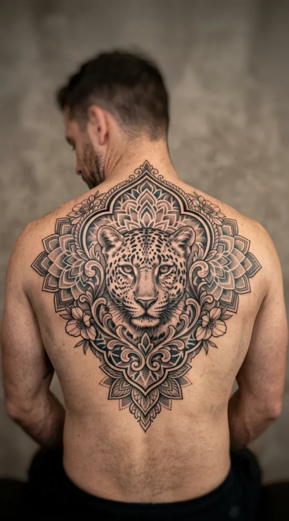 Leopard Head with Ornamental Blackwork Patterns