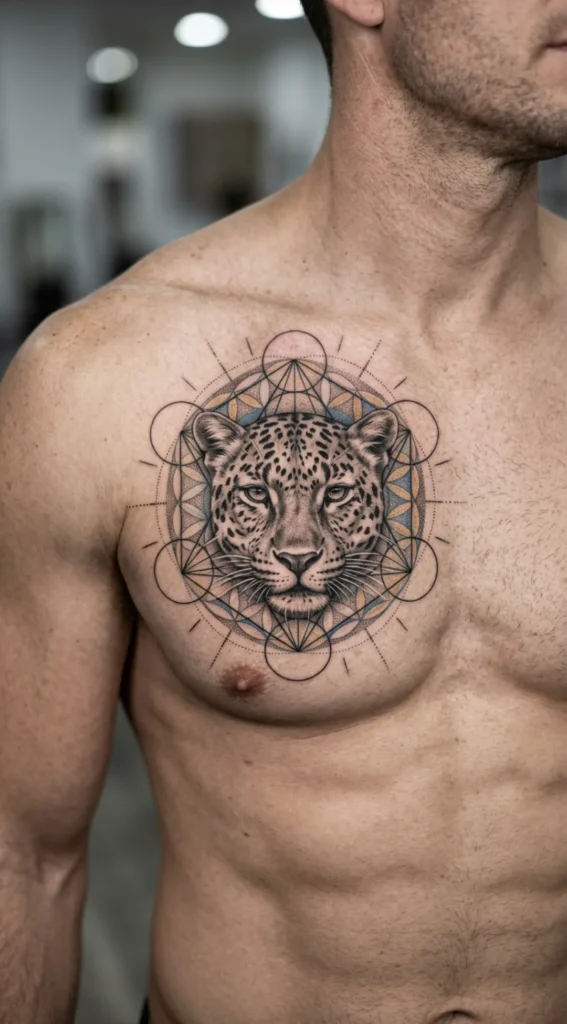Leopard Head with Sacred Geometry Background