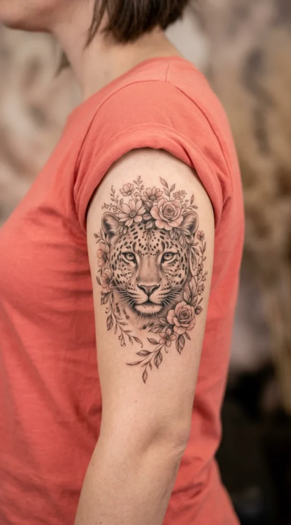 Leopard Queen with Floral Crown and Soft Shading
