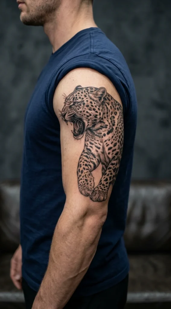 Leopard Roaring Across Upper Arm Tattoo