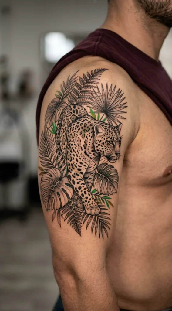 Leopard Walking Through Dense Tropical Leaves