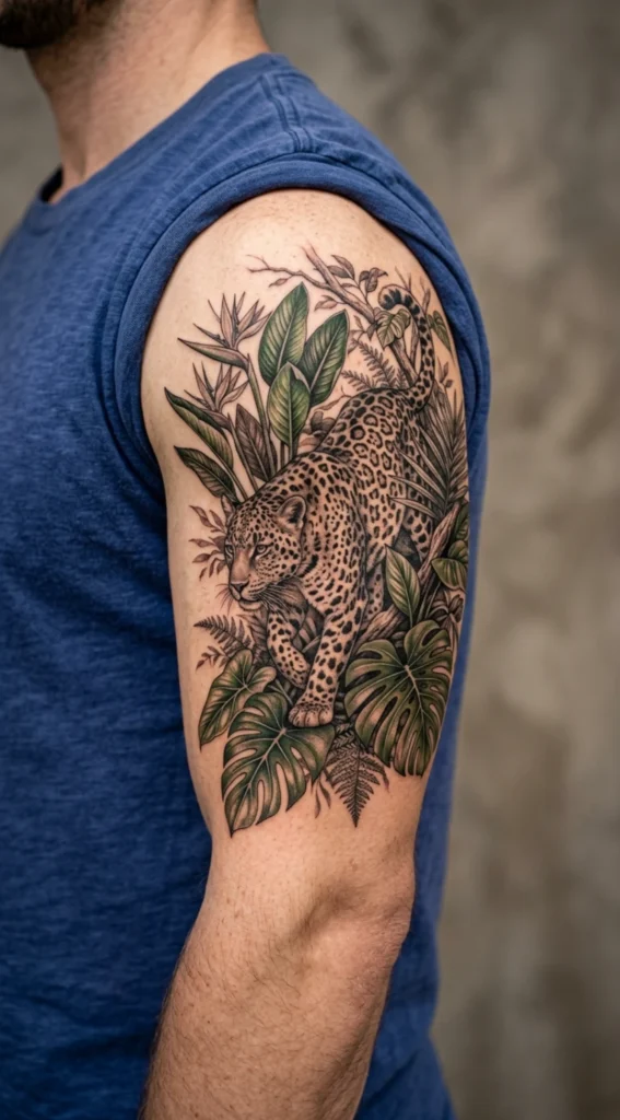 Leopard Walking Through Tropical Foliage