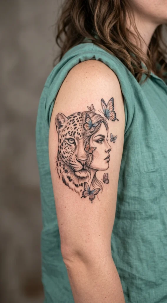 Leopard Woman with Butterfly Accents