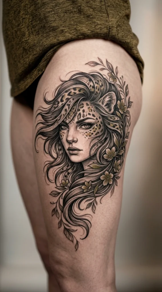 Leopard Woman with Flowing Hair