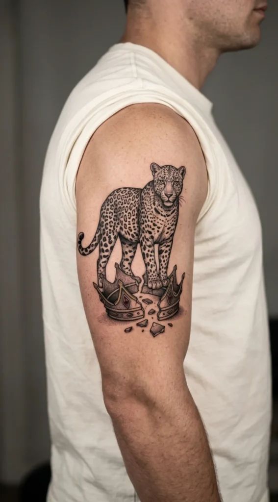 Leopard and Broken Crown Symbol Tattoo