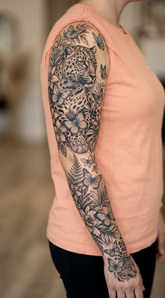 Leopard and Butterfly Sleeve Tattoo
