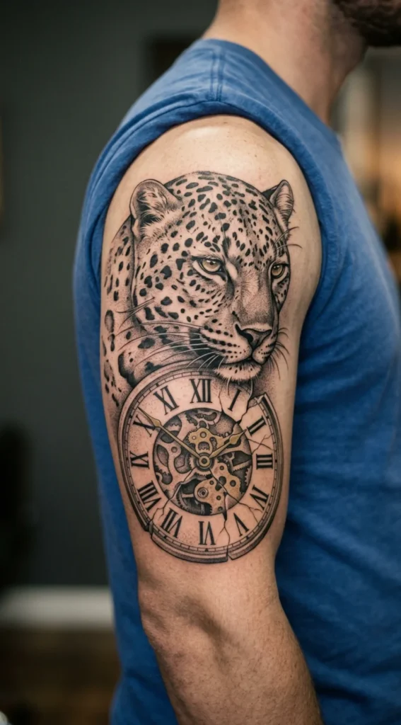 Leopard and Clock Tattoo Symbolizing Dominance