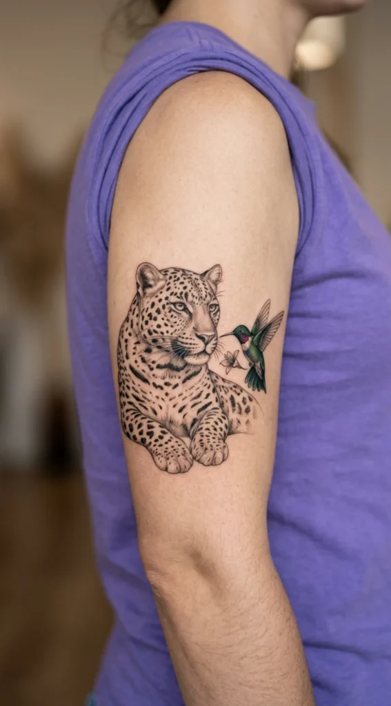 Leopard and Hummingbird Tattoo