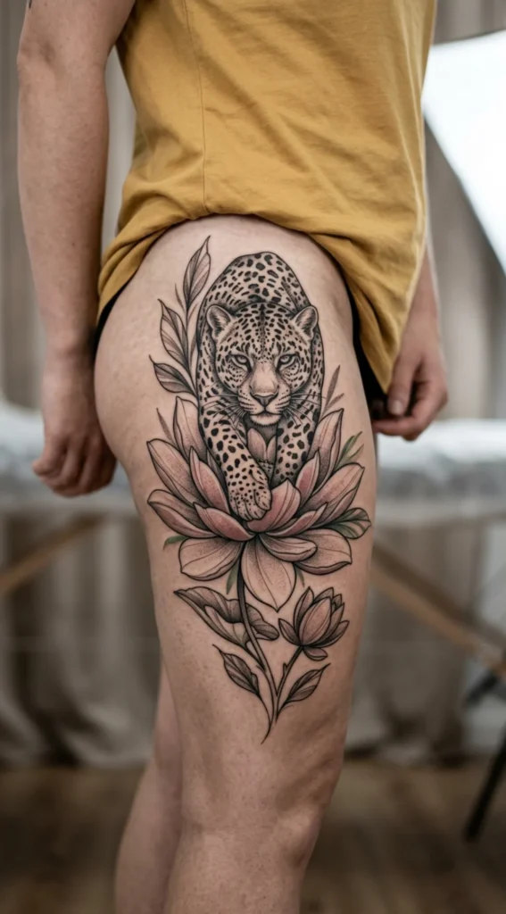 Leopard and Lotus Tattoo