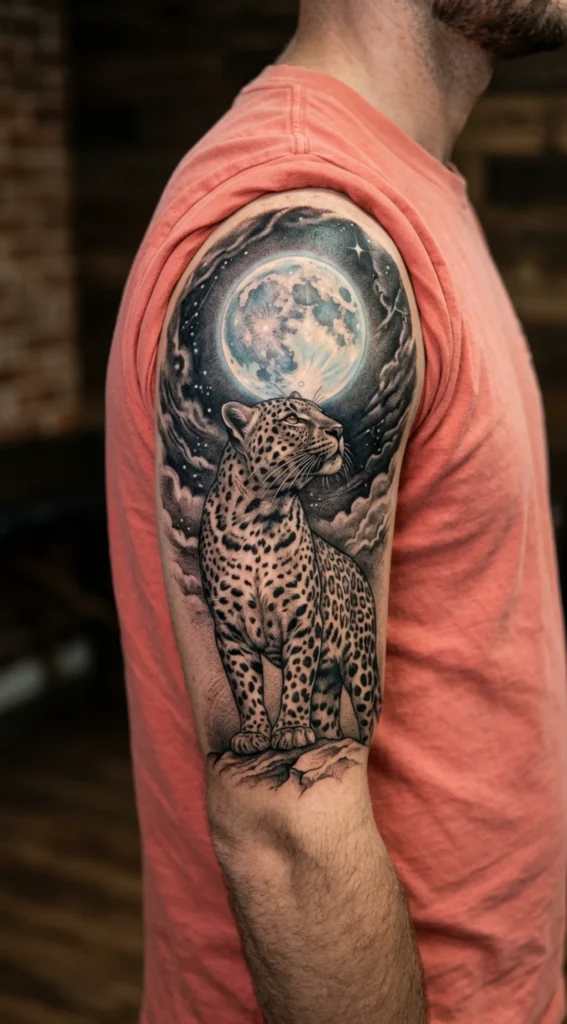 Leopard and Moon Night Hunter Tattoo