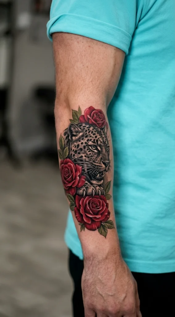 Leopard and Rose Arm Tattoo