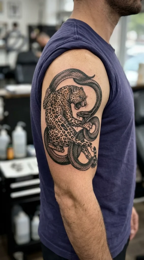 Leopard and Snake Battle Tattoo