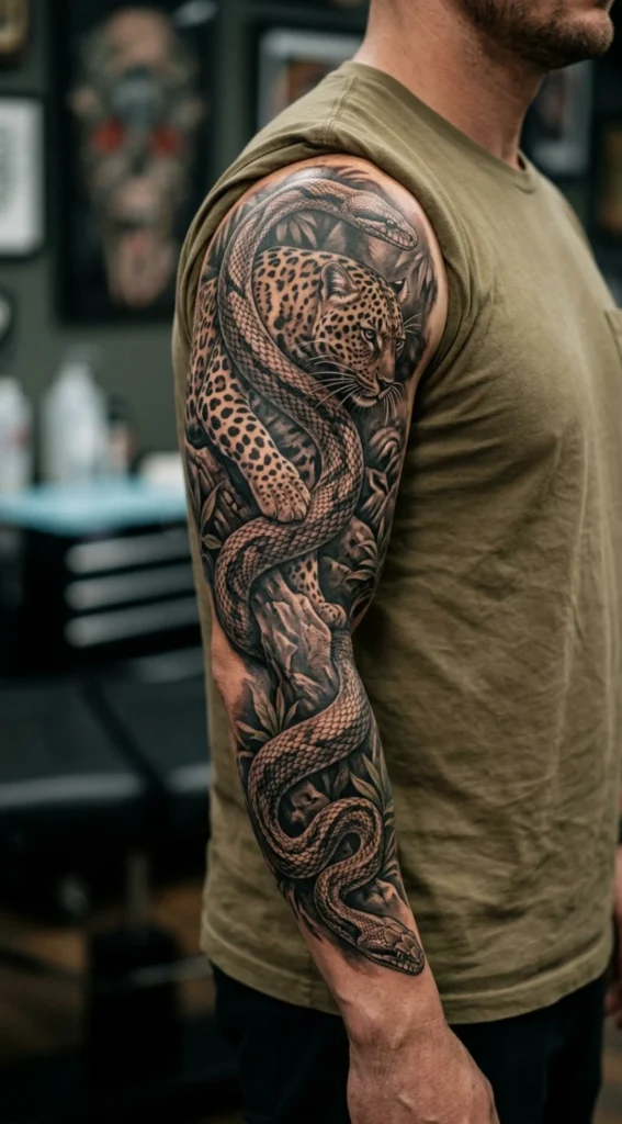 Leopard and Snake Wraparound Arm Tattoo